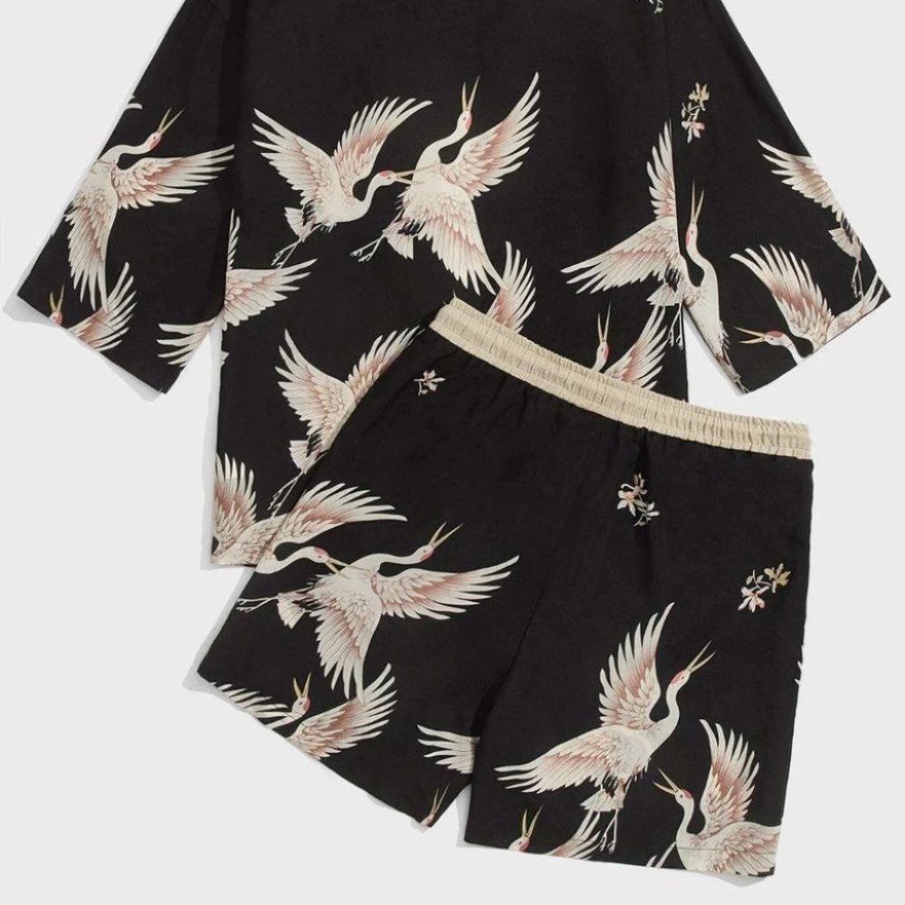 Casual Men's Crane Print Shirt & Set - Picture 4 of 6